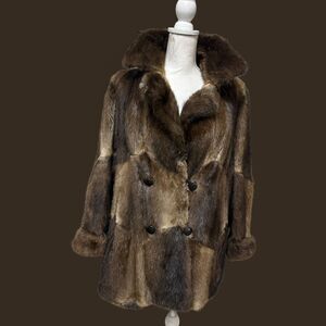 Vintage Beaver Fur Coat Brown Double Breasted Swing Jacket Women's L XL Estate